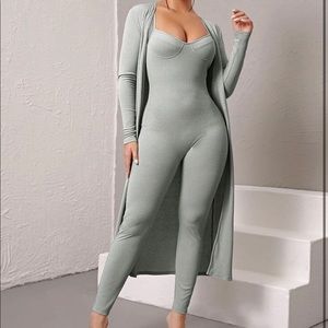 Rib-Knit Bustier Jumpsuit With Coat